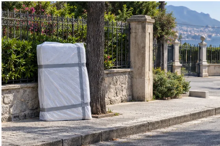 Un materasso protetto è collocato ordinatamente in un punto accessibile per un ritiro già concordato