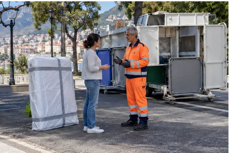 Una residente parla con un operatore in uniforme accanto a un punto mobile di raccolta e a un materasso protetto