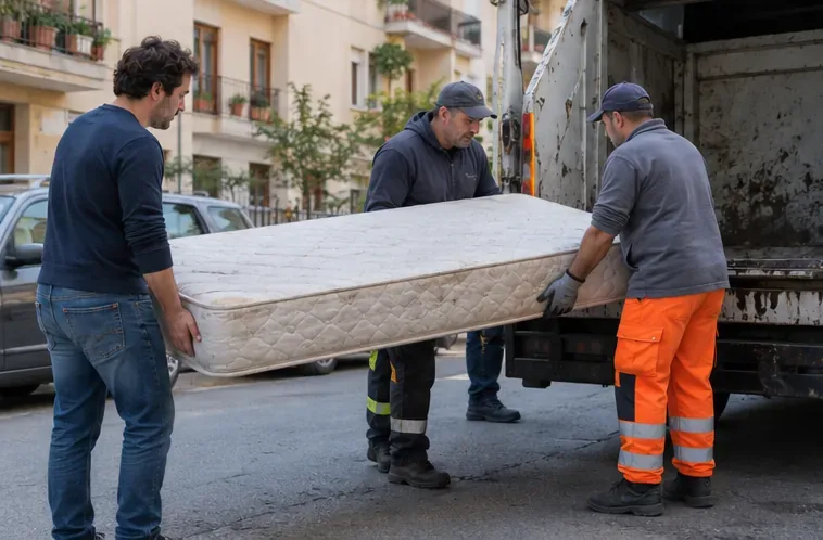Due addetti caricano un materasso insieme al residente durante il ritiro concordato a bordo strada