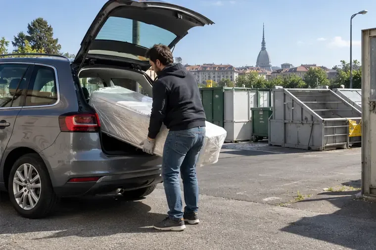 Una persona scarica un materasso protetto da un veicolo in un centro di raccolta municipale