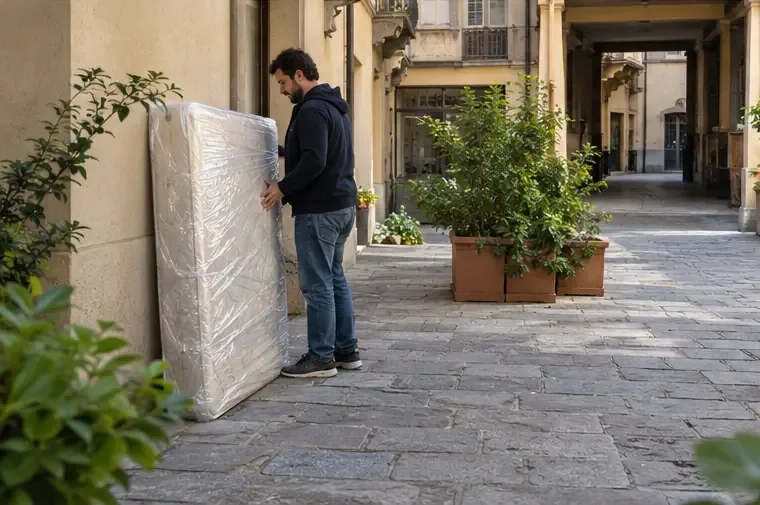 Un materasso protetto viene posizionato ordinatamente in un cortile condominiale accessibile