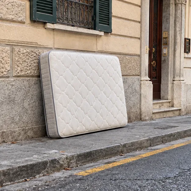 Un materasso appoggiato sul marciapiede vicino a un edificio: l’esposizione è solo un esempio e va fatta esclusivamente nel luogo e nel momento concordati con il gestore.