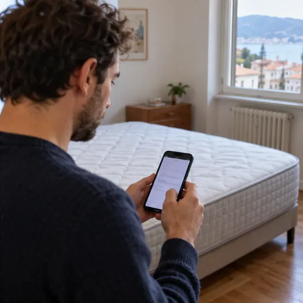 Una persona consulta il telefono accanto a un materasso; la schermata non mostra un modulo specifico e la prenotazione va fatta tramite i canali ufficiali AcegasApsAmga.