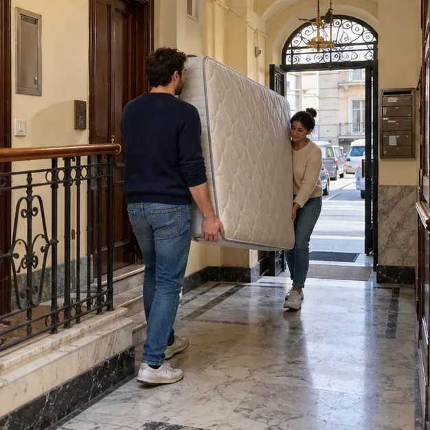 Due persone trasportano un materasso in verticale attraverso l’ingresso di un edificio, preparandolo per il conferimento o il ritiro concordato.
