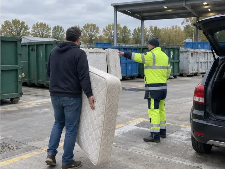 Un cittadino consegna un materasso in un centro di raccolta mentre un operatore indica il cassone corretto