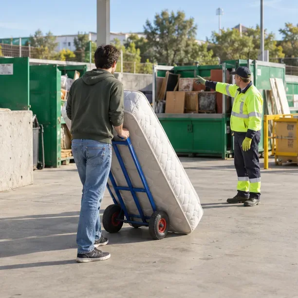 Un residente trasporta un materasso su un carrello all’interno di un centro comunale di raccolta