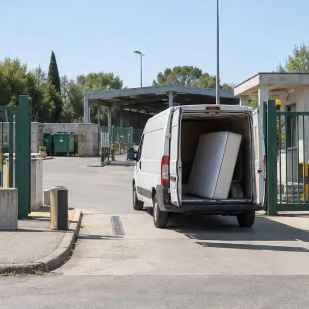 Un furgone con un materasso nel vano posteriore entra in un centro di raccolta senza insegne leggibili