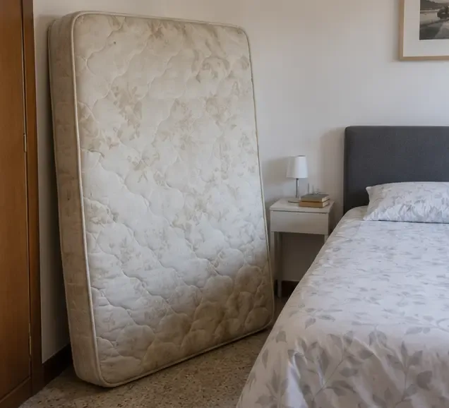 Un vecchio materasso appoggiato in piedi accanto al letto in una camera domestica