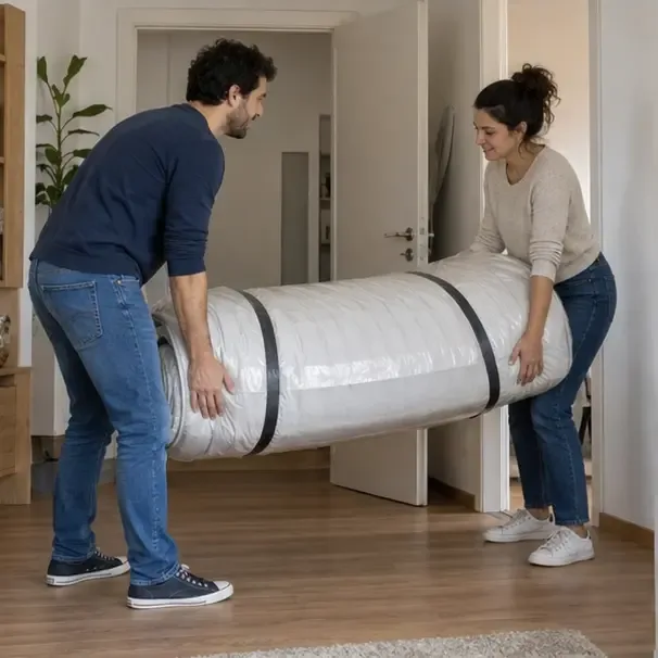 Due persone spostano con cautela un materasso arrotolato e protetto all’interno di un’abitazione