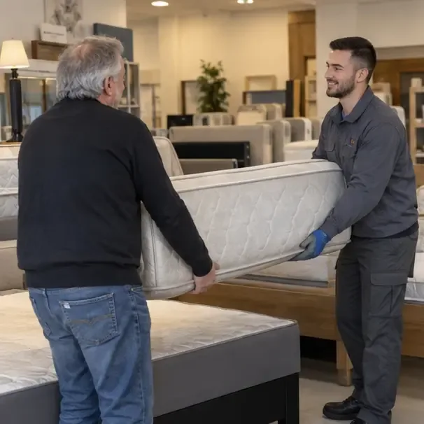 Un addetto di un negozio di arredamento riceve un materasso usato durante una consegna
