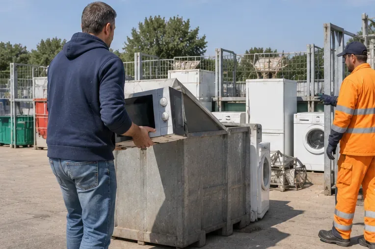 Persona che consegna un forno a microonde in un’area di raccolta dedicata agli elettrodomestici a fine vita