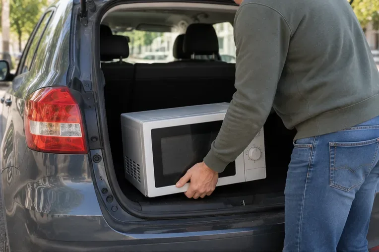 Persona che sistema un forno a microonde nel bagagliaio di un’auto per portarlo a un centro di raccolta