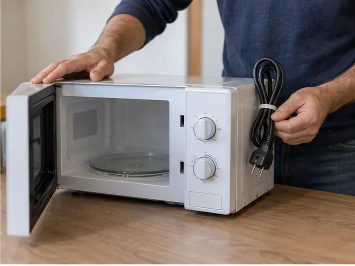 Una persona prepara un forno a microonde per il trasporto, con sportello aperto e cavo elettrico raccolto
