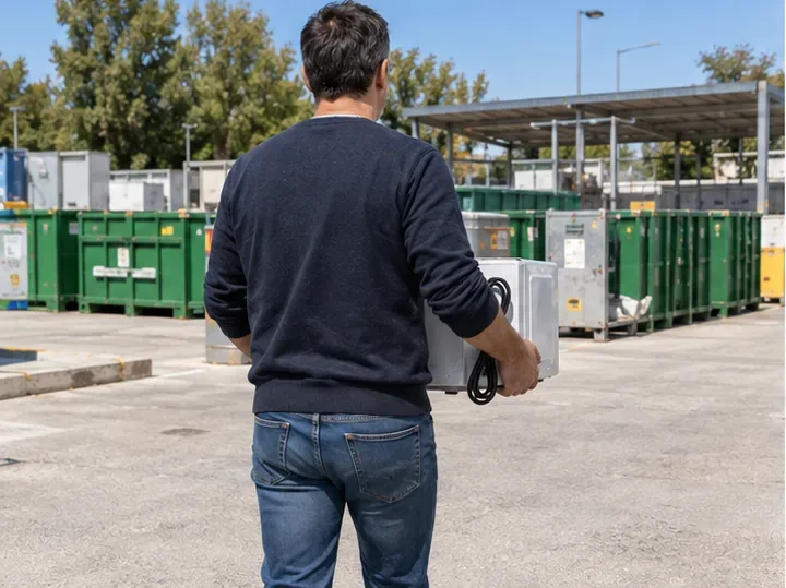 Una persona porta un forno a microonde verso un centro di raccolta attrezzato con contenitori per rifiuti separati