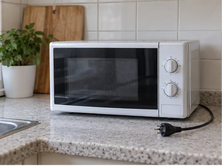 Un forno a microonde scollegato dalla presa su un piano cucina, pronto per essere avviato allo smaltimento corretto