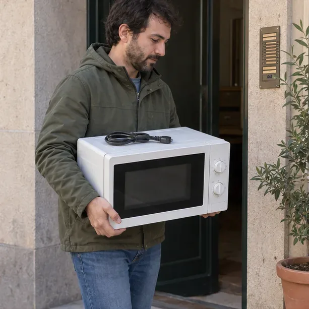 Un uomo trasporta con entrambe le mani un forno a microonde con il cavo raccolto sopra l’apparecchio, davanti all’ingresso di casa.