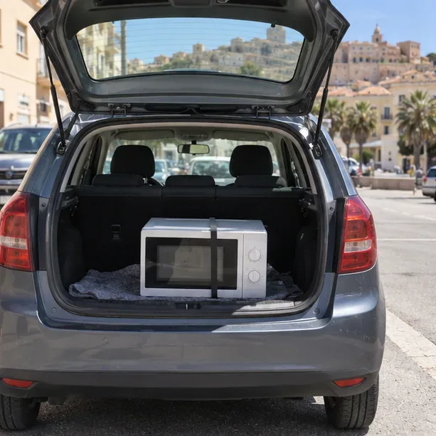 Un forno a microonde è fissato in posizione verticale nel bagagliaio aperto di un’automobile prima del trasporto.