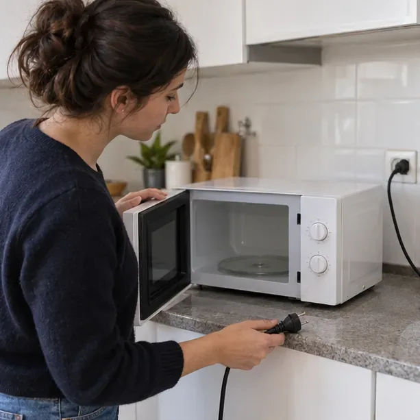 Una persona apre un forno a microonde vuoto e tiene la spina già scollegata sul piano della cucina.