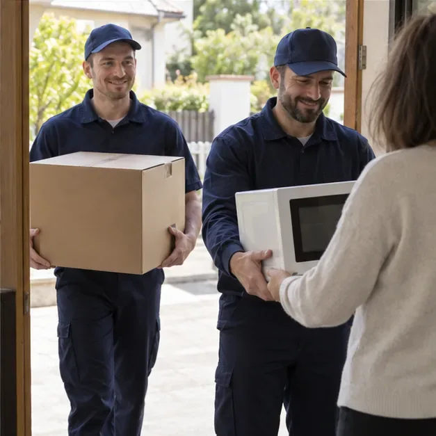 Durante la consegna di un nuovo elettrodomestico, i corrieri ritirano un vecchio microonde alla porta di casa.