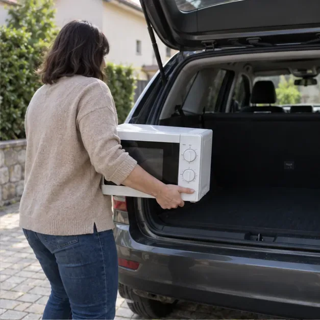 Una persona carica con entrambe le mani un microonde scollegato nel bagagliaio aperto di un’auto.