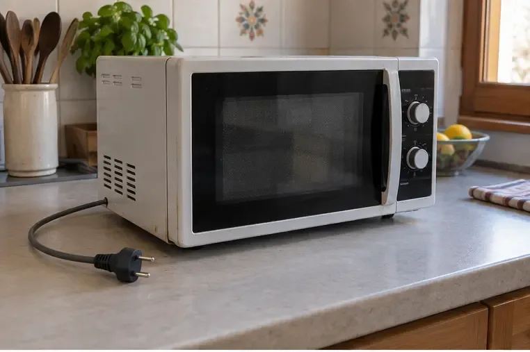 Un forno a microonde scollegato dalla presa, con la spina visibile sul piano della cucina.