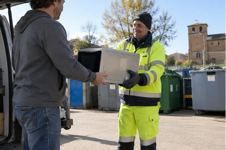 Un cittadino consegna un microonde a un addetto in un’area di raccolta con contenitori per il riciclo.