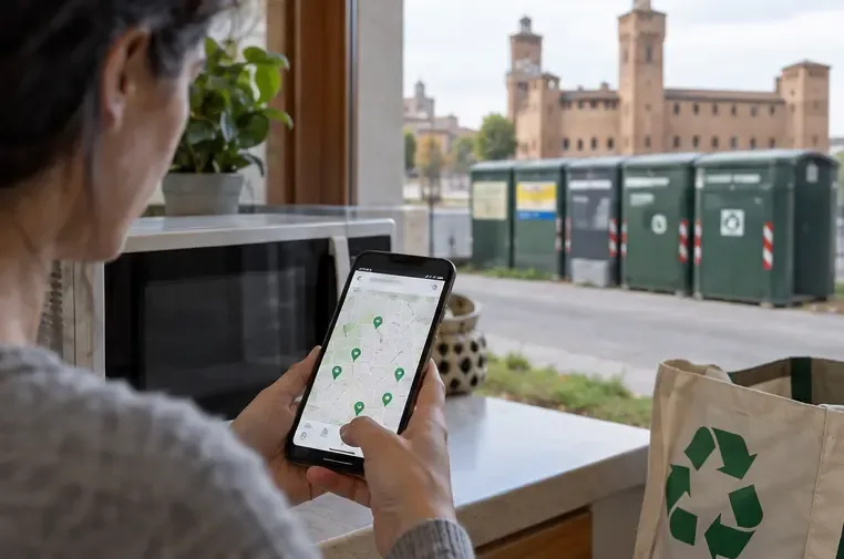 Una persona consulta sullo smartphone una mappa di centri di raccolta RAEE, con Ferrara visibile sullo sfondo.