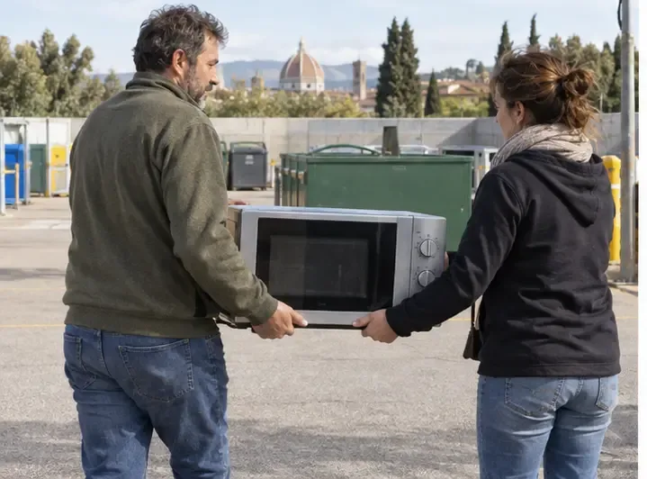 Due persone trasportano insieme un microonde compatto verso un’area comunale di raccolta, tenendolo con entrambe le mani.