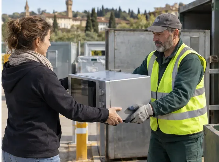 Una residente consegna un microonde a un addetto con gilet ad alta visibilità in un’area di raccolta.