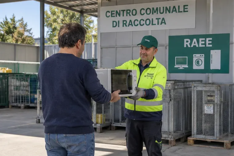 Cittadino che consegna un forno a microonde a un operatore in un Centro Comunale di Raccolta nell'area RAEE