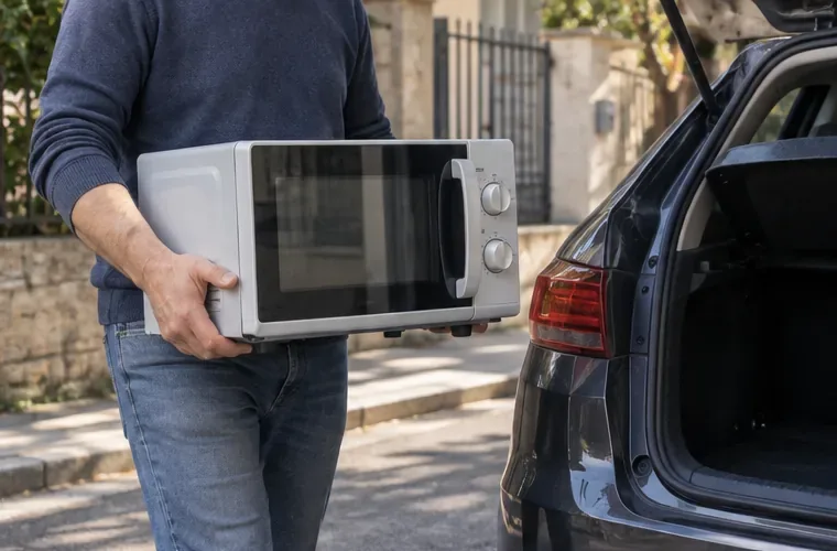 Persona che trasporta un forno a microonde verso il bagagliaio di un'automobile