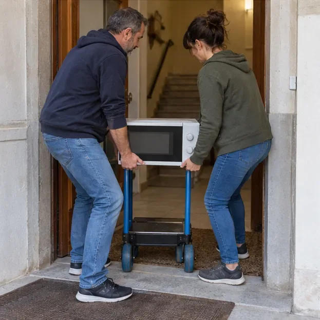 Due persone trasportano un forno a microonde scollegato con un carrello