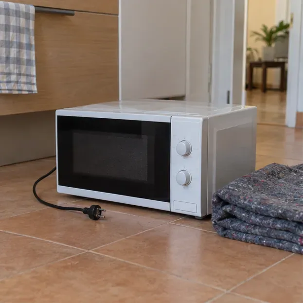 Forno a microonde scollegato e integro pronto per essere trasportato