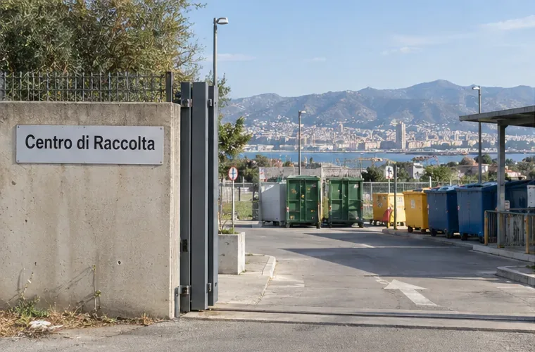 Ingresso di un centro di raccolta con cassoni colorati e un paesaggio mediterraneo sullo sfondo