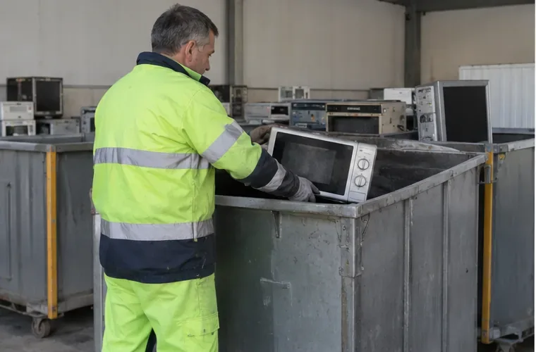 Operatore in abbigliamento ad alta visibilità che deposita un microonde in un contenitore per apparecchi elettronici