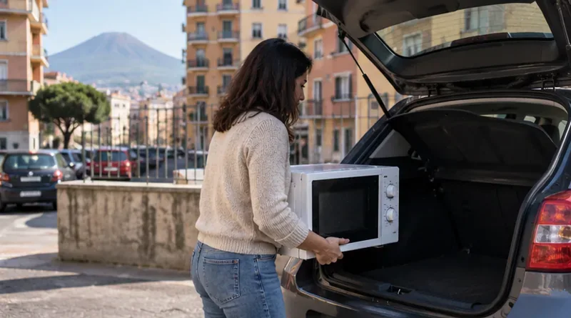 Una donna carica un forno a microonde nel bagagliaio dell'auto per portarlo a un centro di raccolta