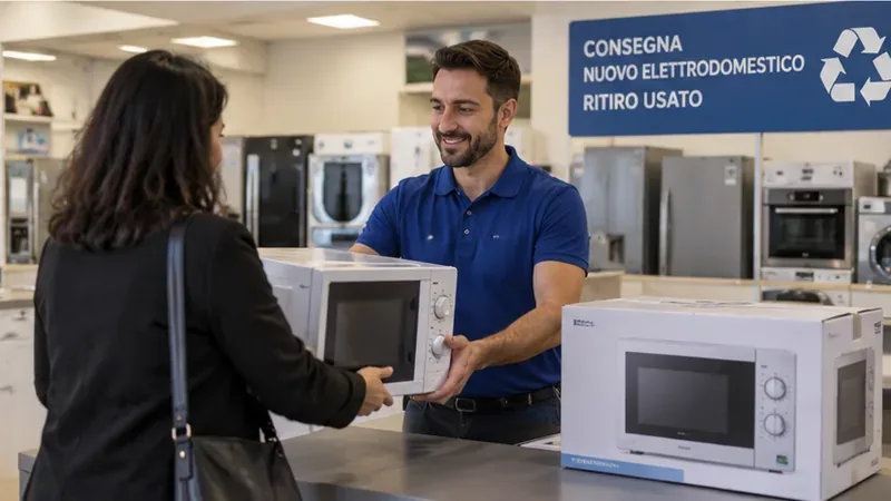 Una cliente consegna un vecchio forno a microonde a un addetto di un negozio di elettrodomestici mentre acquista un apparecchio nuovo