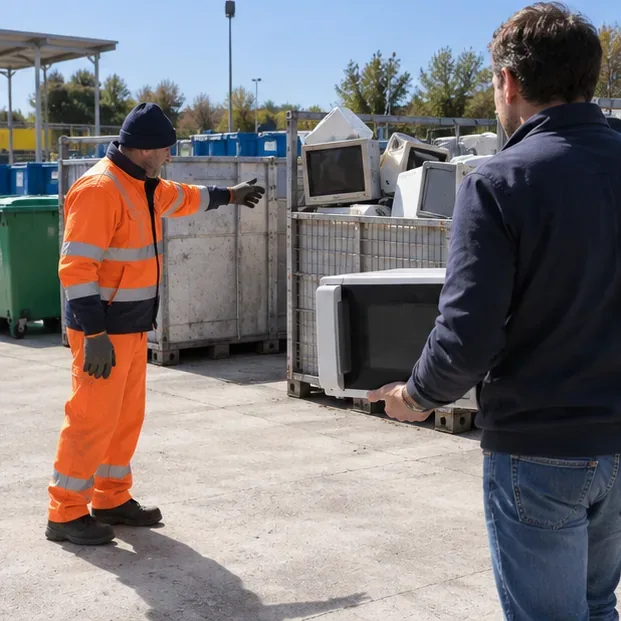 Un cittadino consegna un forno a microonde a un operatore in un centro di raccolta