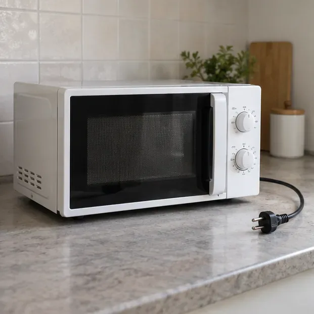 Un forno a microonde scollegato sul piano della cucina, pronto per essere rimosso