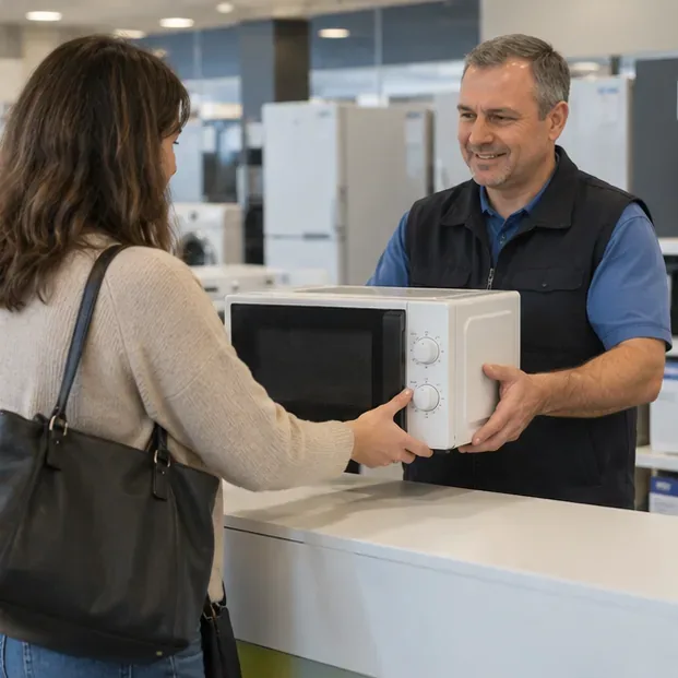 Una cliente consegna un vecchio forno a microonde al personale di un negozio di elettrodomestici
