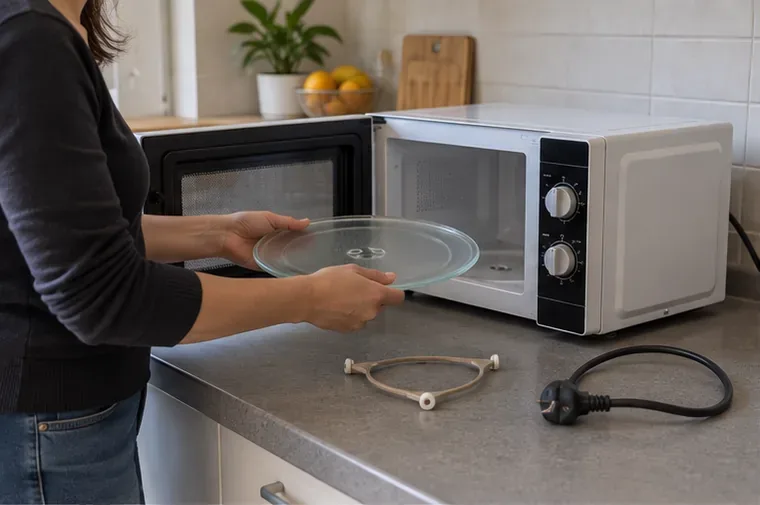 Persona che rimuove il piatto di vetro da un forno a microonde scollegato sul piano della cucina