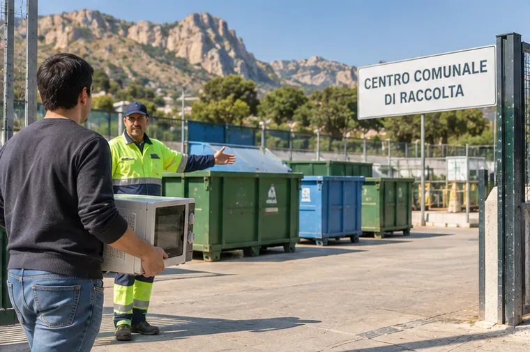 Cittadino con un forno a microonde davanti all’ingresso di un Centro Comunale di Raccolta con operatore presente