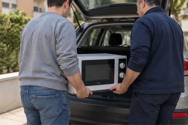 Due persone che caricano con cautela un forno a microonde nel bagagliaio di un’auto