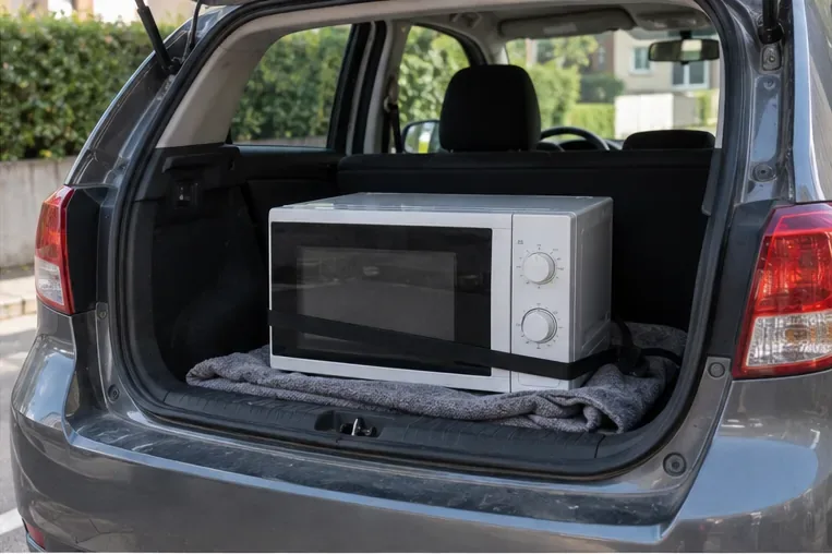 Un forno a microonde appoggiato su una coperta nel bagagliaio di un’auto per il trasporto.