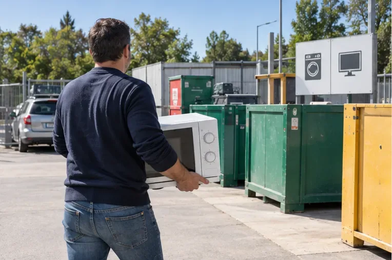 Una persona trasporta un microonde all’interno di un centro di raccolta con contenitori dedicati.