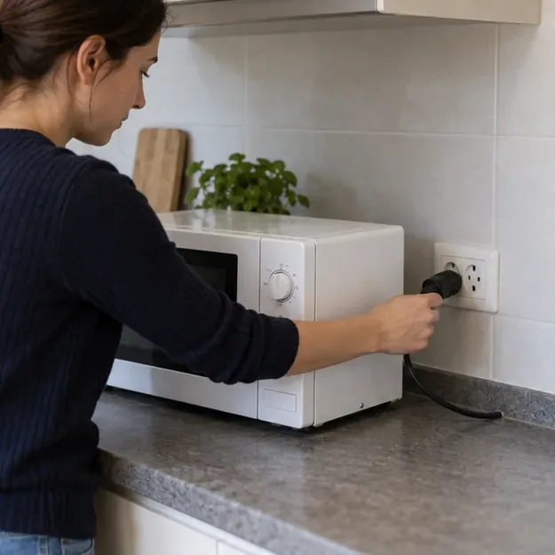 Una persona scollega dalla presa il cavo di un forno a microonde da banco prima di spostarlo.