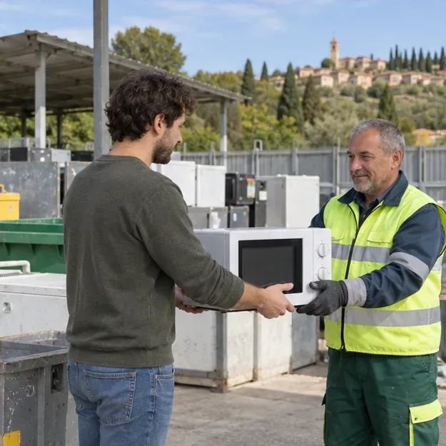 Un uomo consegna un microonde a un addetto con giubbotto ad alta visibilità in un’area comunale di raccolta dei rifiuti elettronici.