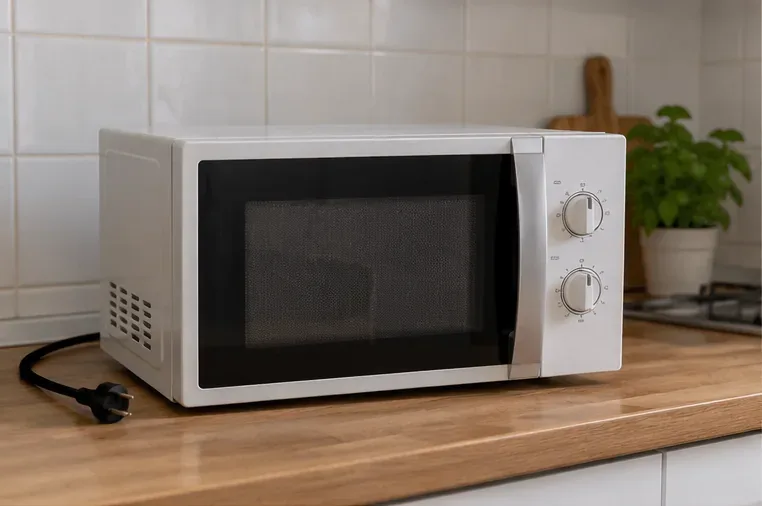 Forno a microonde bianco scollegato dalla presa su un piano cucina, pronto per essere preparato al conferimento