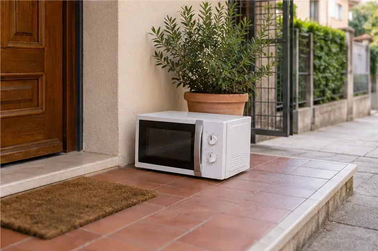 Forno a microonde appoggiato su un portico domestico vicino alla porta d’ingresso, in attesa di un ritiro concordato