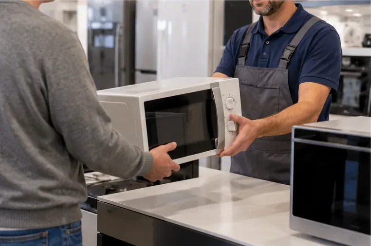 Cliente che consegna un forno a microonde usato a un addetto in un negozio di elettrodomestici
